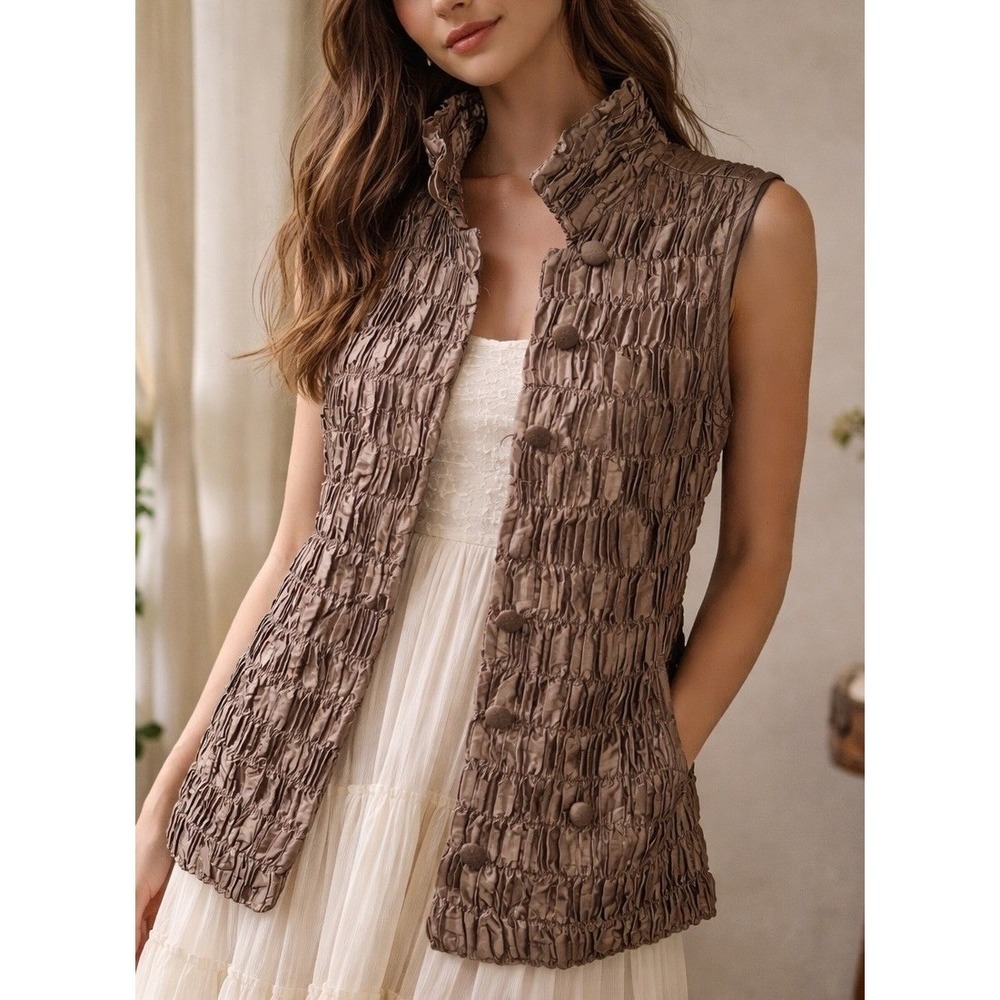 Richard K Tsao Thai Siik Runched Vest Brown Textured Button Avant Garde S/M